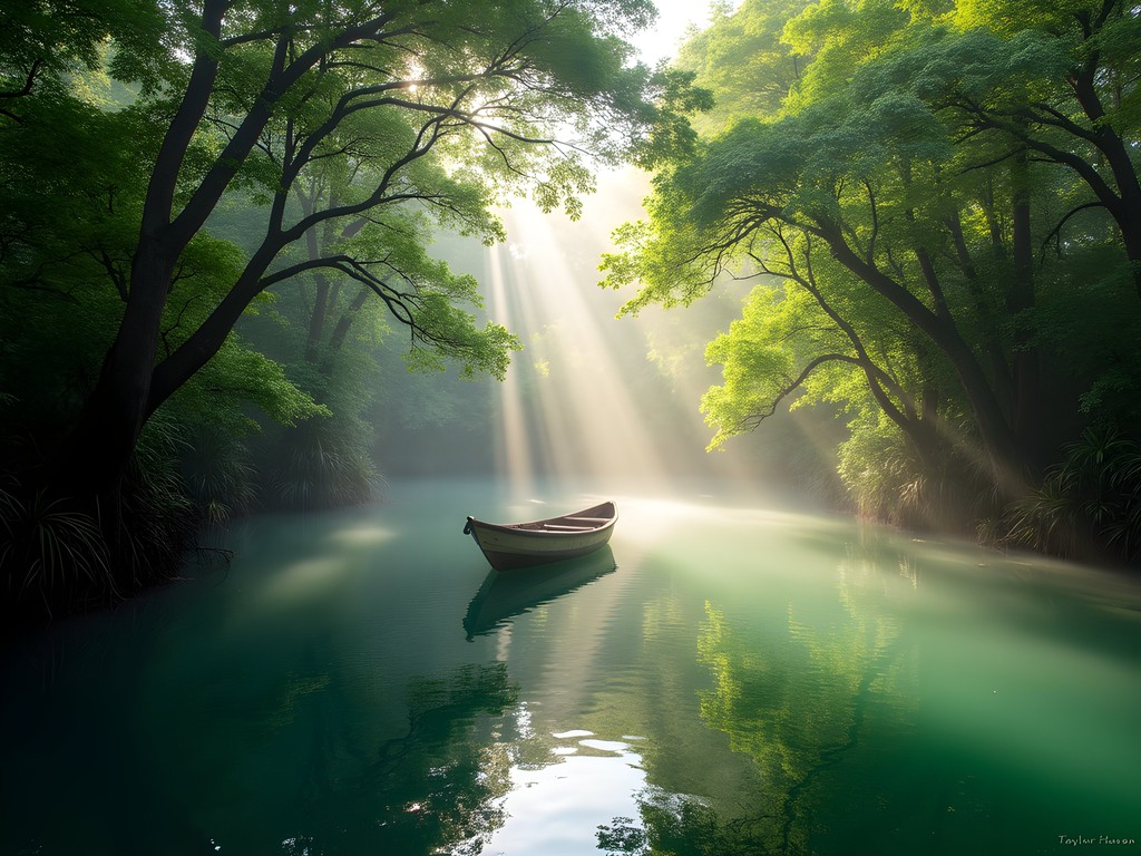 Sunlight filtering through mangroves on Indian River in Portsmouth, Dominica