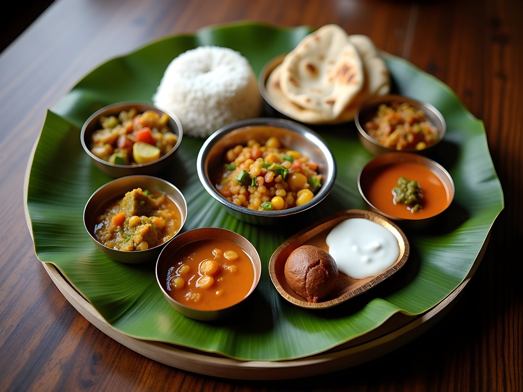 Traditional vegetarian thali meal served on banana leaf in Rishikesh
