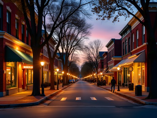 Salisbury Maryland downtown street at dusk with warm lights from shops and restaurants