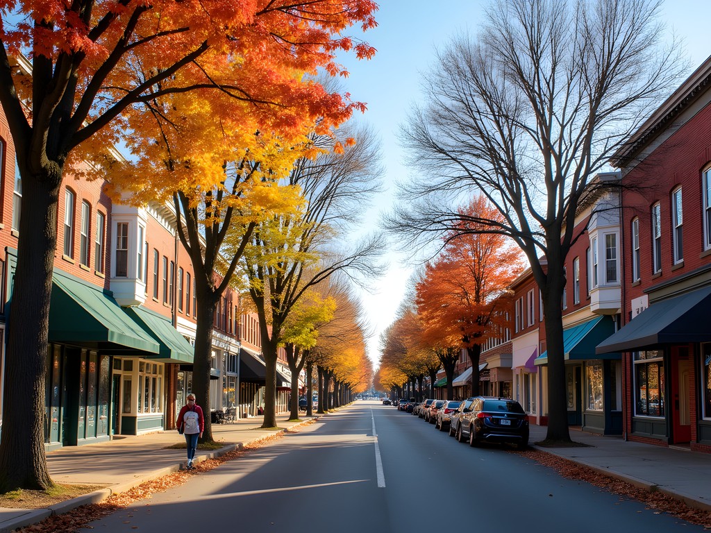 Historic downtown Salisbury Maryland main street with fall foliage and brick buildings
