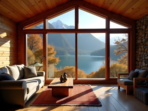 Cozy wooden cabin with panoramic windows overlooking Nahuel Huapi Lake in autumn