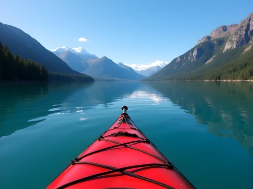 Kayaking on Nahuel Huapi Lake with mountains in background and clear blue water