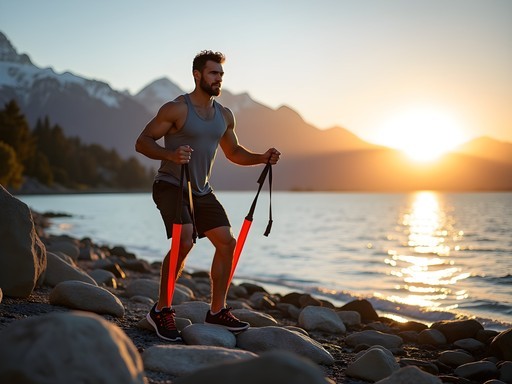 Athletic man doing resistance band workout by Nahuel Huapi Lake at sunrise