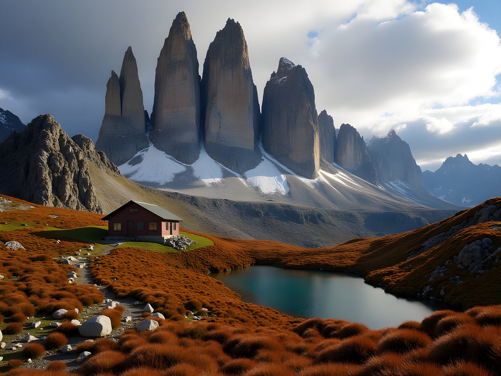 Dramatic landscape of Refugio Frey hiking trail with mountain peaks and alpine lake