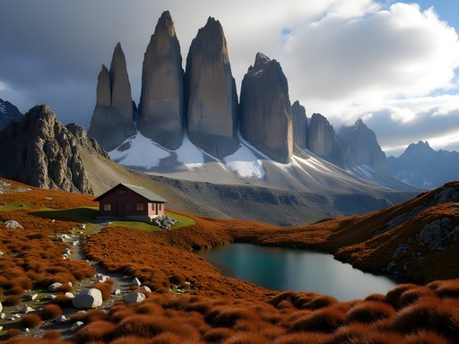 Dramatic landscape of Refugio Frey hiking trail with mountain peaks and alpine lake