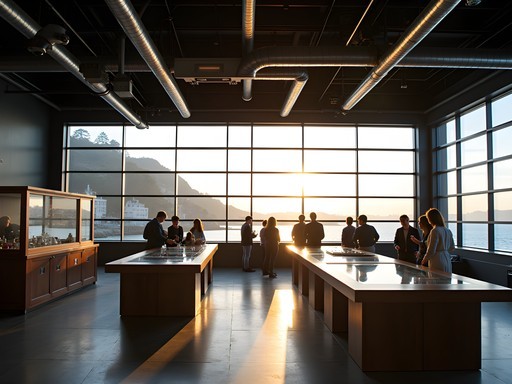 Interactive exhibits at the Exploratorium on Pier 15 with San Francisco Bay views
