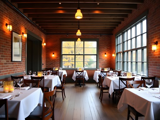 Cozy interior of Mill 67 restaurant in historic Sanford Mill with local Maine cuisine