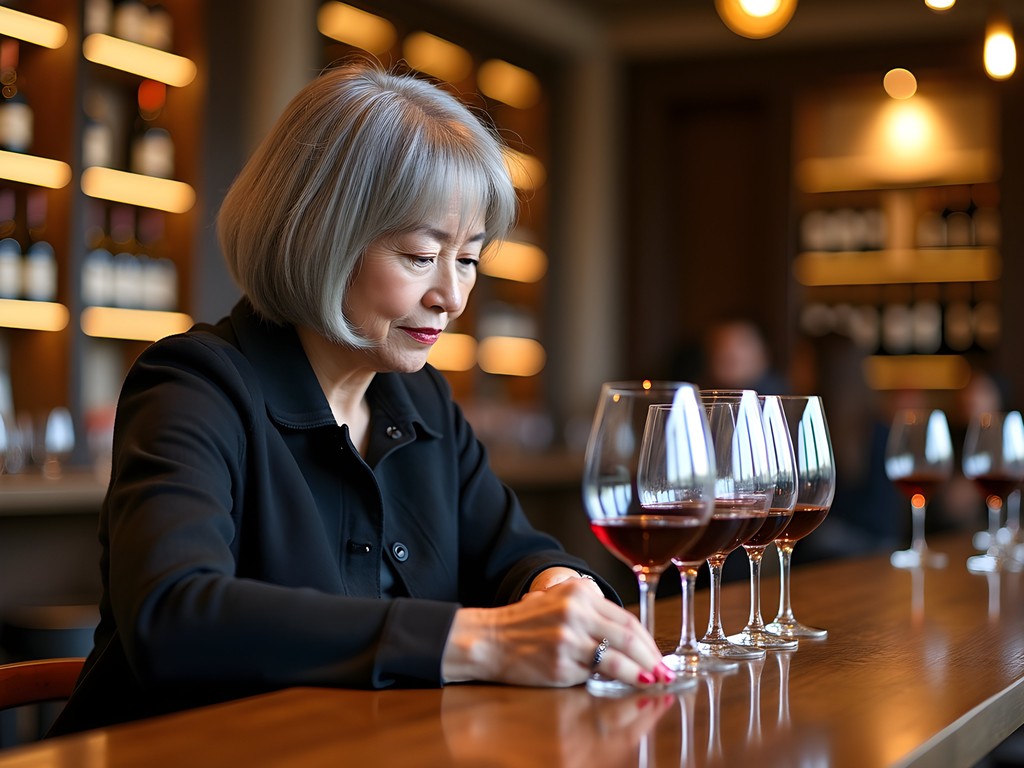 Solo female traveler enjoying wine flight at Bocanariz wine bar in Santiago