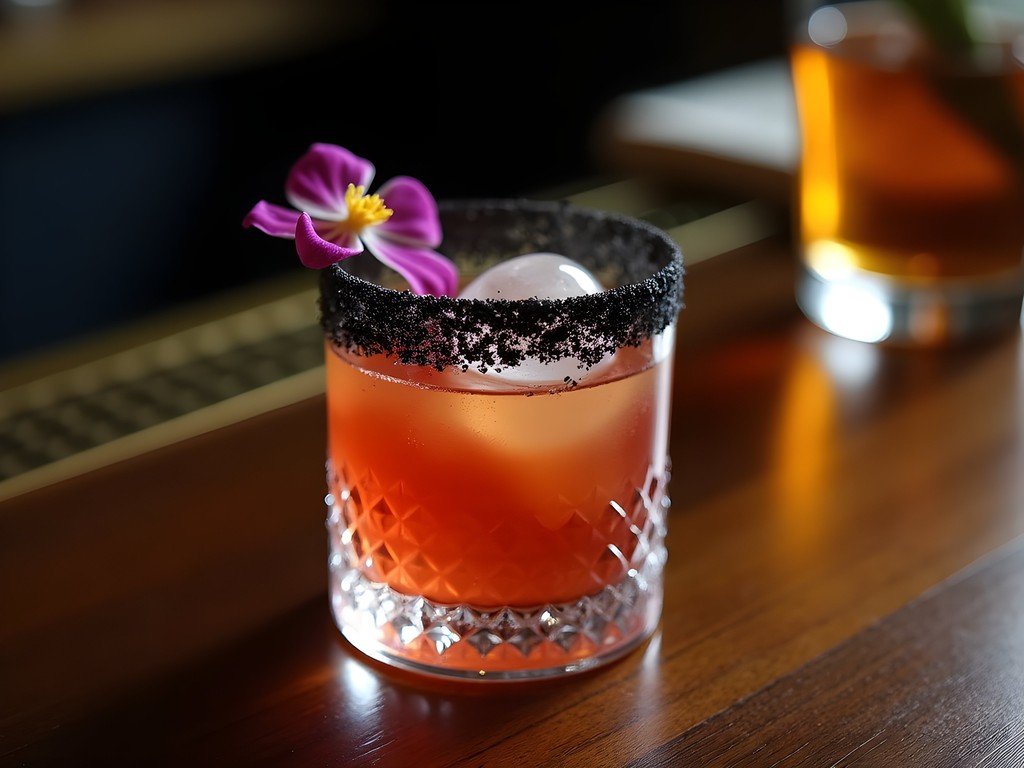 Artisanal craft cocktail in Seattle bar with volcanic black salt rim and edible flower garnish