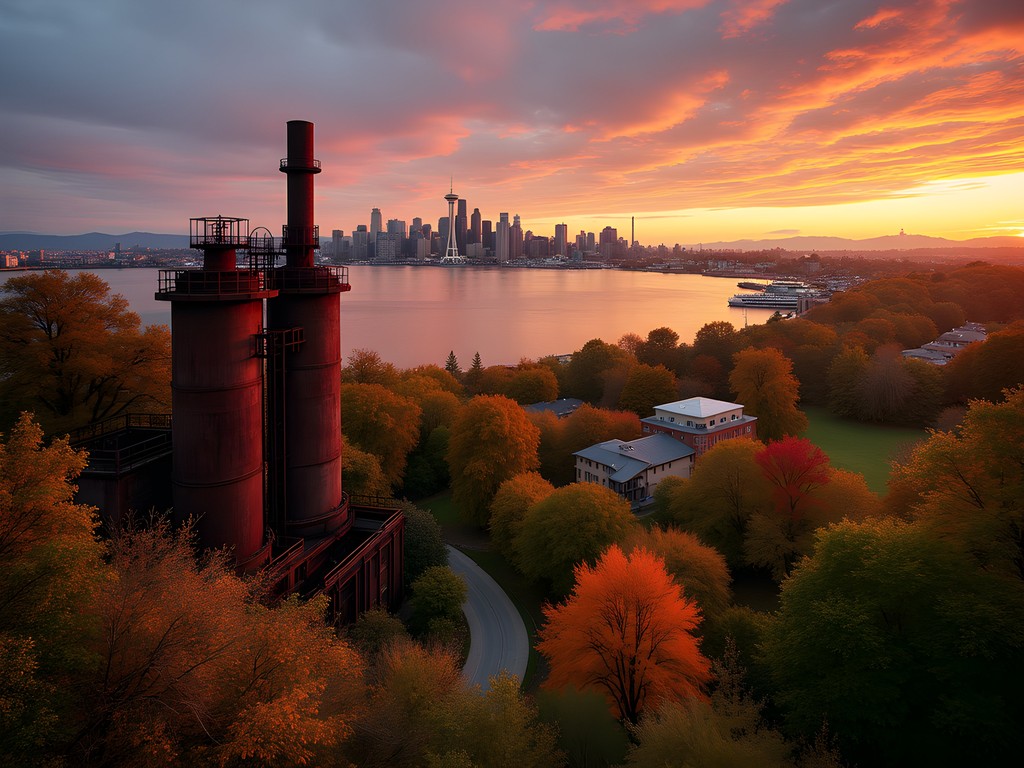 Gas Works Park in Seattle at sunset with rusted industrial structures against fall foliage and city skyline