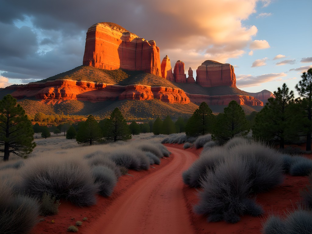 Cathedral Rock trail in Sedona with dramatic evening light