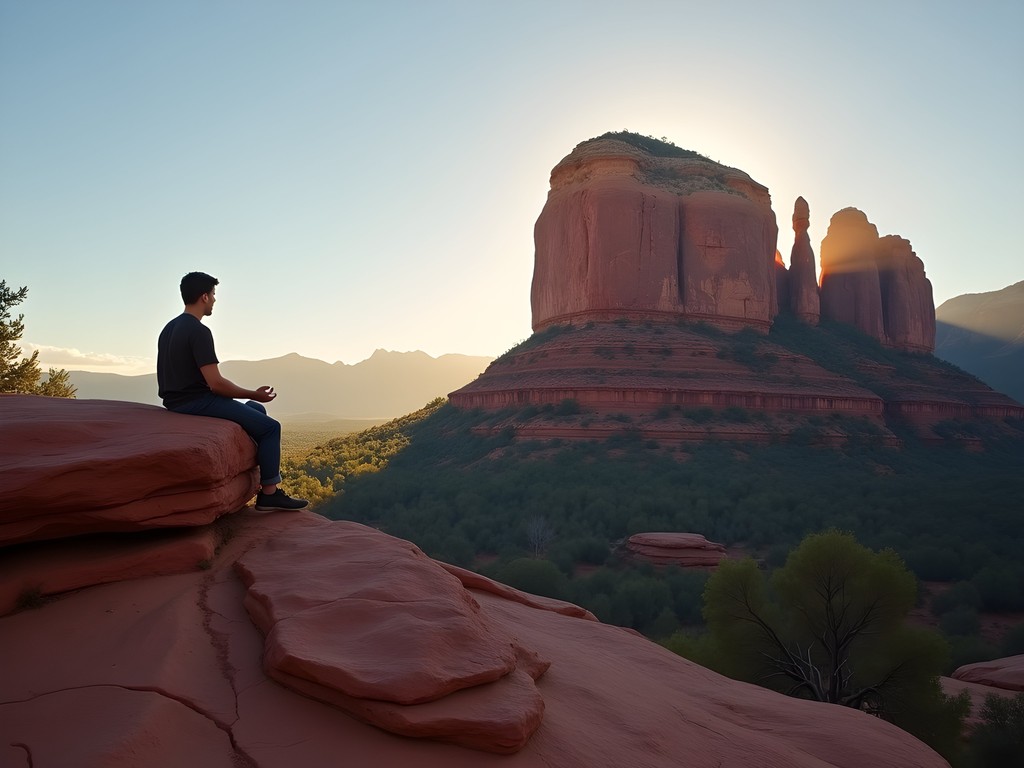 Woman meditating on red rocks at Bell Rock Vortex during sunrise