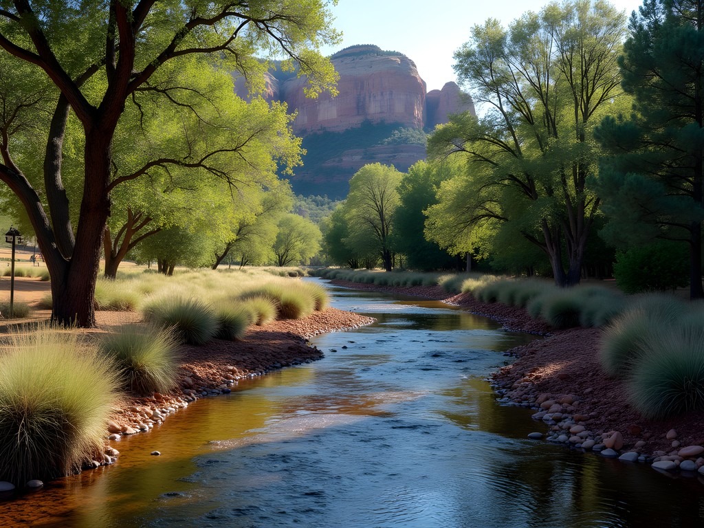 Woman sketching by Oak Creek with red rock formations in background