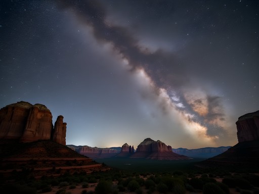 Milky Way galaxy over Sedona red rock formations at night