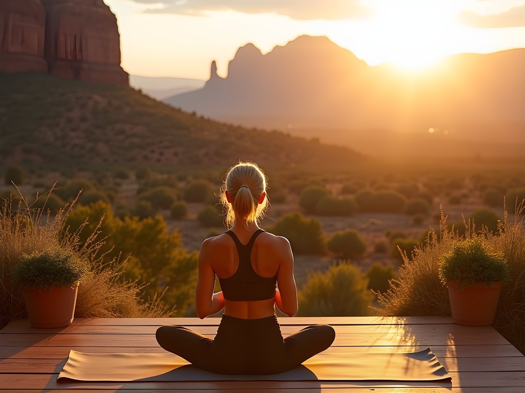 Woman practicing yoga at sunrise with view of Sedona red rock formations