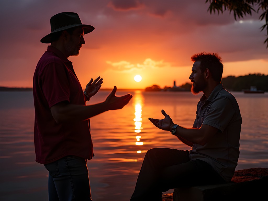 Sunset over Darwin harbor with silhouette of indigenous guide sharing stories