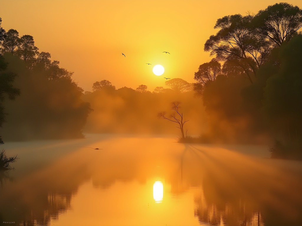 Misty sunrise over Yellow Water Billabong in Kakadu National Park with wildlife silhouettes