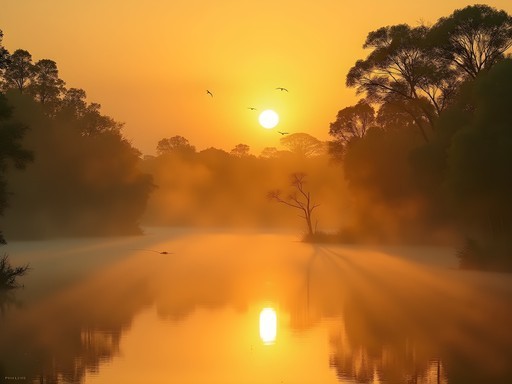 Misty sunrise over Yellow Water Billabong in Kakadu National Park with wildlife silhouettes