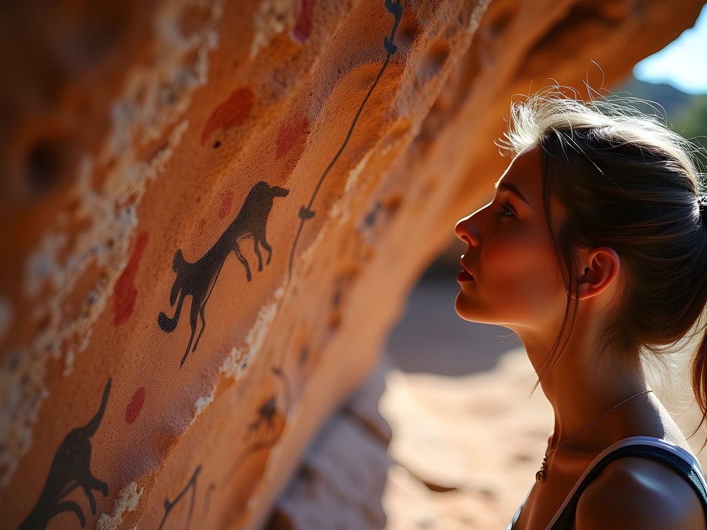 Interior designer studying ancient Aboriginal rock art patterns in Kakadu