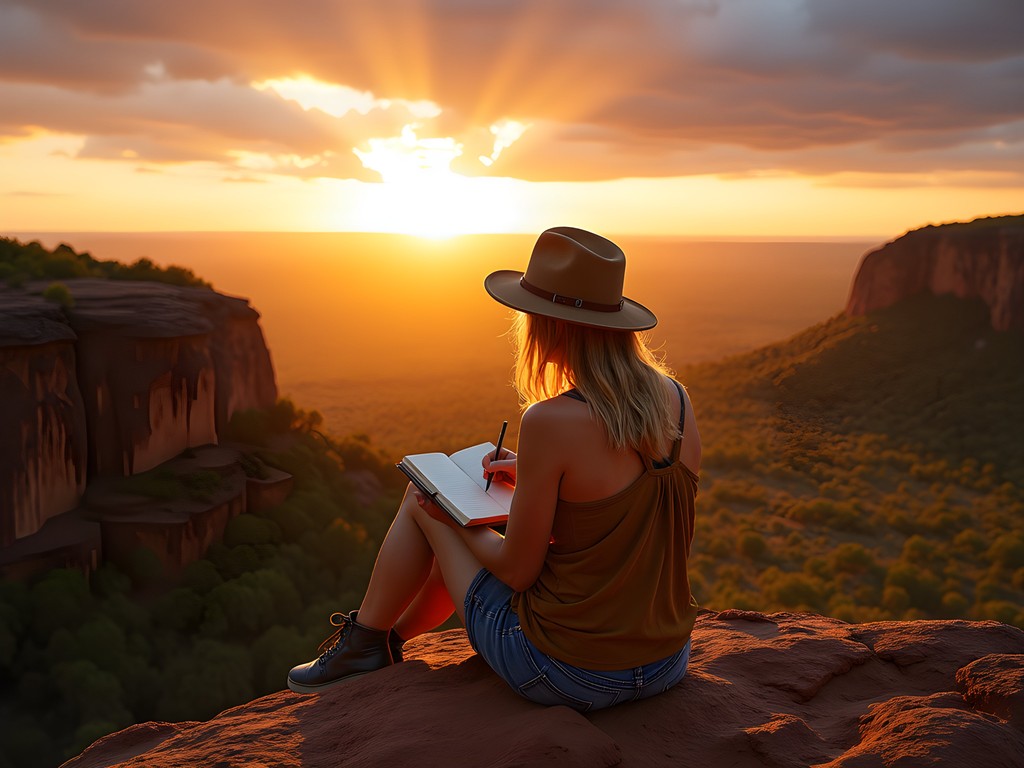 Woman journaling and sketching at sunset overlooking Kakadu landscape