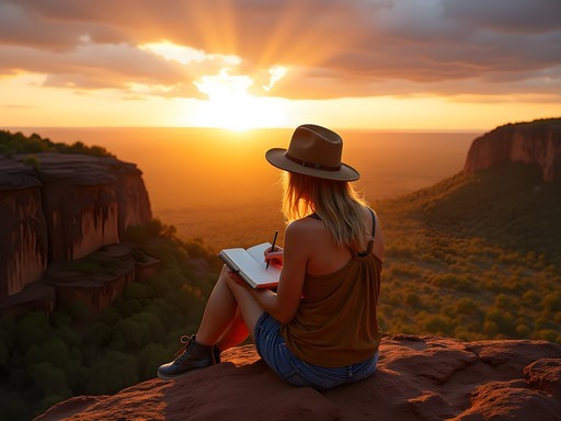 Woman journaling and sketching at sunset overlooking Kakadu landscape