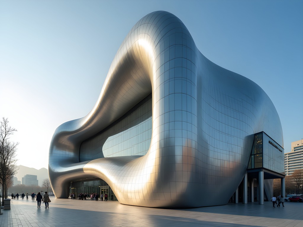 Early morning light on the curved metallic exterior of Dongdaemun Design Plaza in Seoul