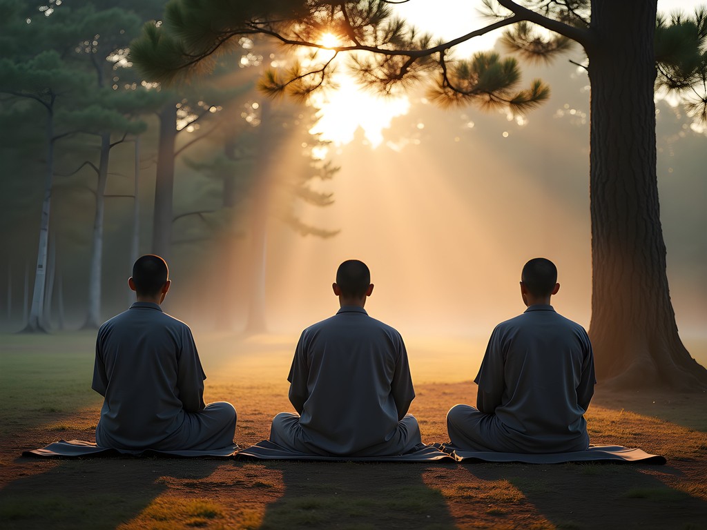 Morning meditation session at Woljeongsa Temple with pine forest backdrop