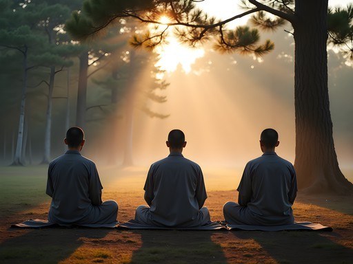Morning meditation session at Woljeongsa Temple with pine forest backdrop