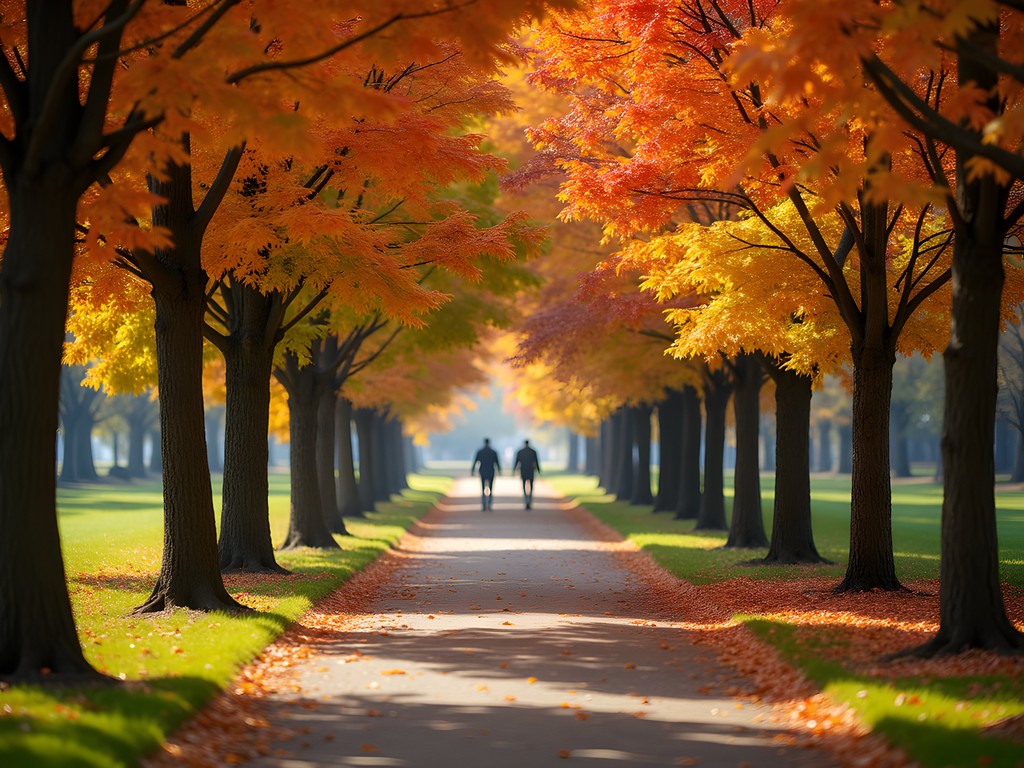 Woman walking safely through colorful autumn pathways in Forest Park, St. Louis