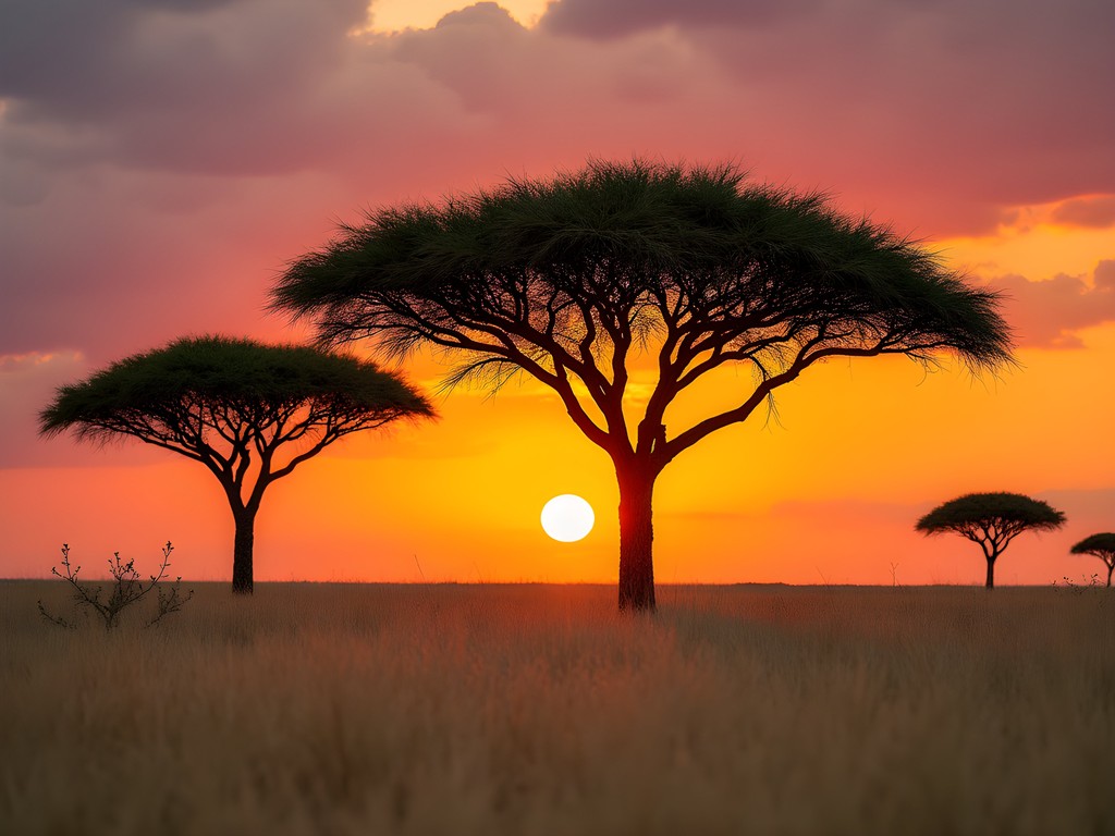 Silhouetted acacia trees against vibrant orange sunrise in Serengeti National Park