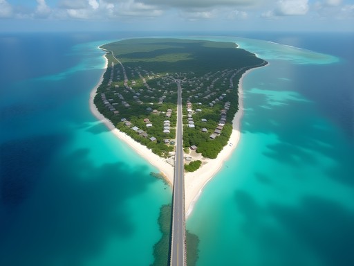 Aerial view of South Tarawa's narrow causeway connecting islets with dense housing patterns visible