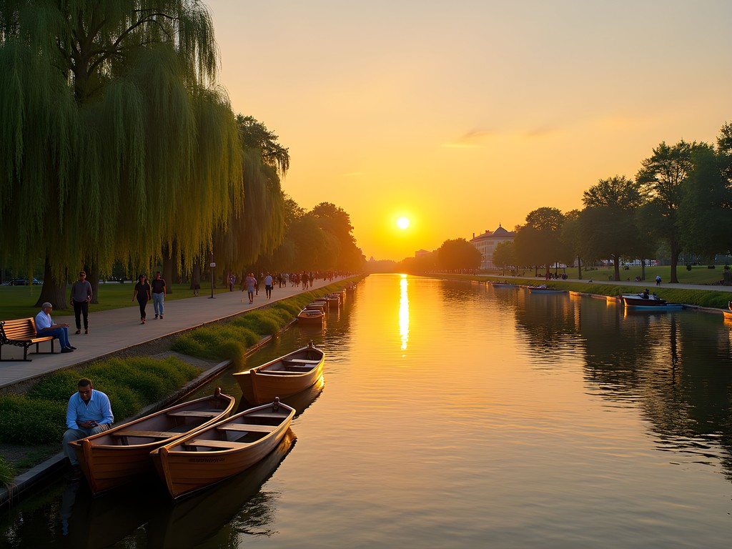 Sunset over Emajõgi River in Tartu with locals enjoying the promenade