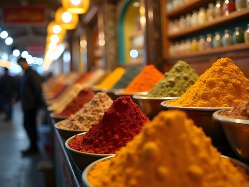 Colorful spice displays in Tehran Grand Bazaar with saffron and other spices in traditional arrangement