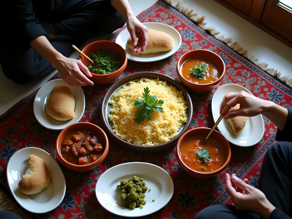 Authentic Iranian meal spread with multiple dishes being shared among locals and a traveler