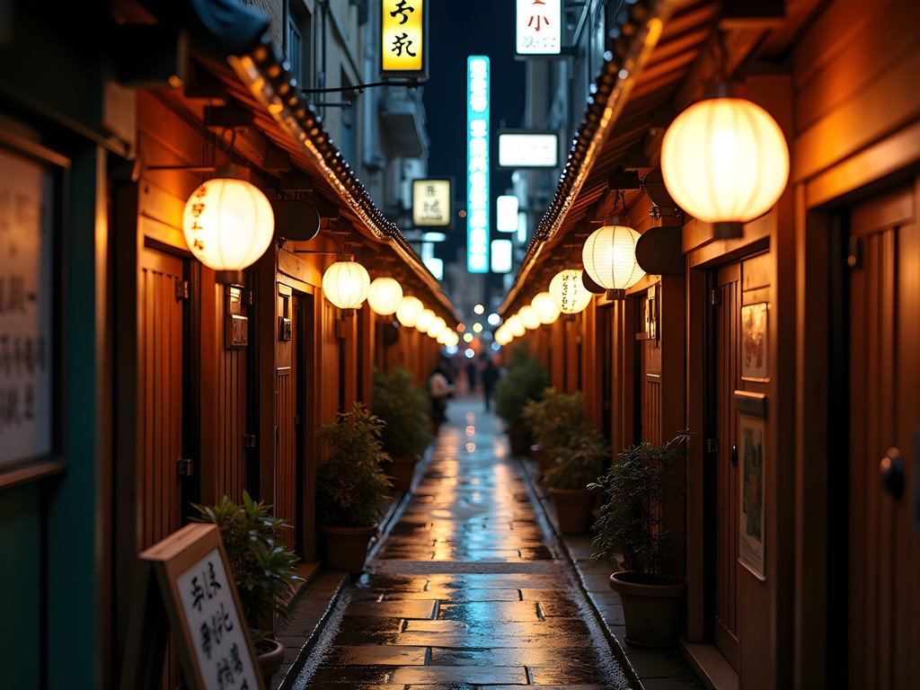 Narrow alleyway of Golden Gai in Shinjuku Tokyo at night with small traditional bars and neon signs