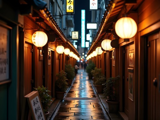 Narrow alleyway of Golden Gai in Shinjuku Tokyo at night with small traditional bars and neon signs
