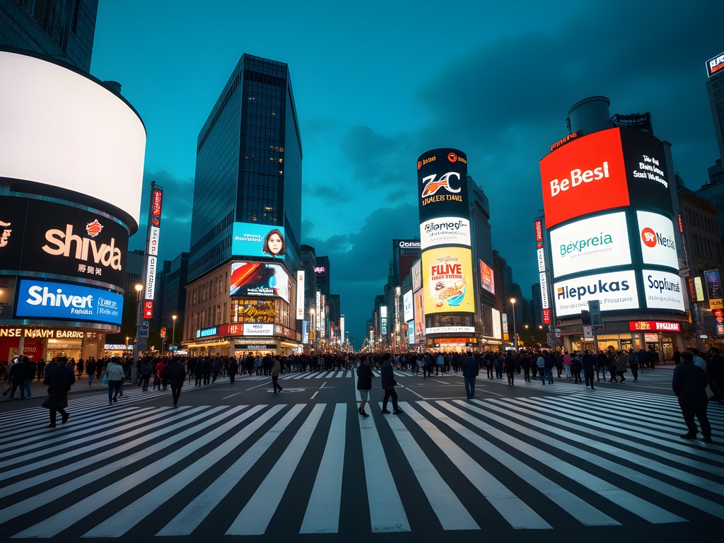 Bustling Shibuya Crossing at night with neon lights and crowds in Tokyo