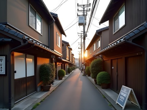Traditional street in Yanaka neighborhood of Tokyo with old wooden buildings and small shops