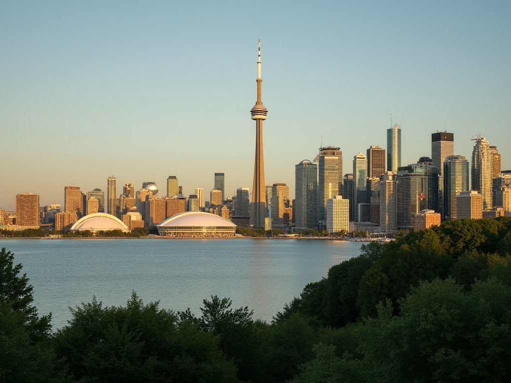 Panoramic view of Toronto skyline from Toronto Islands with lush greenery in foreground