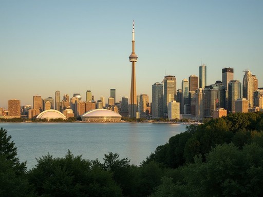 Panoramic view of Toronto skyline from Toronto Islands with lush greenery in foreground
