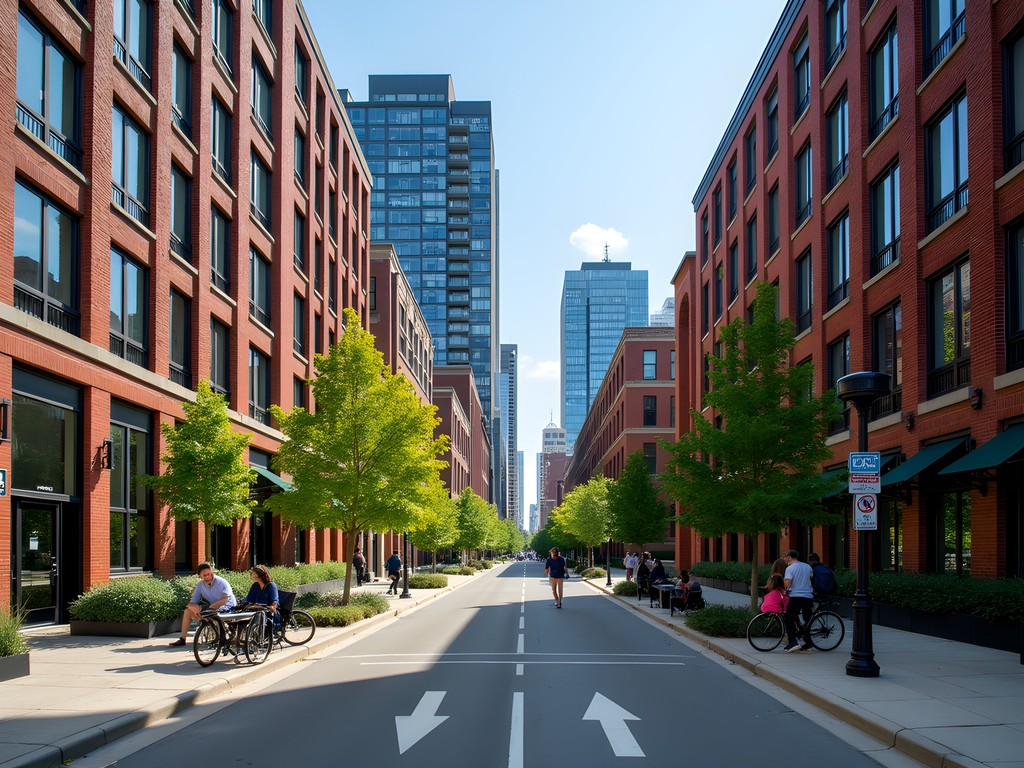 Liberty Village street view with converted industrial buildings, cafes and modern urban design elements