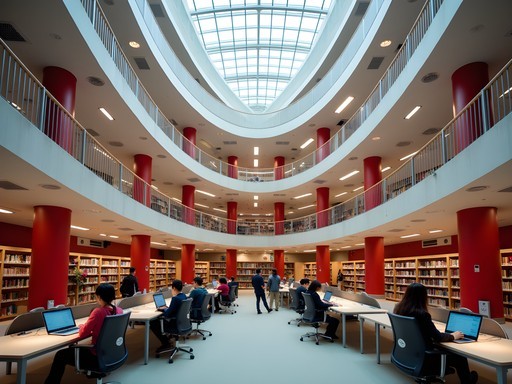 Toronto Reference Library's modern interior with digital nomads working at various stations