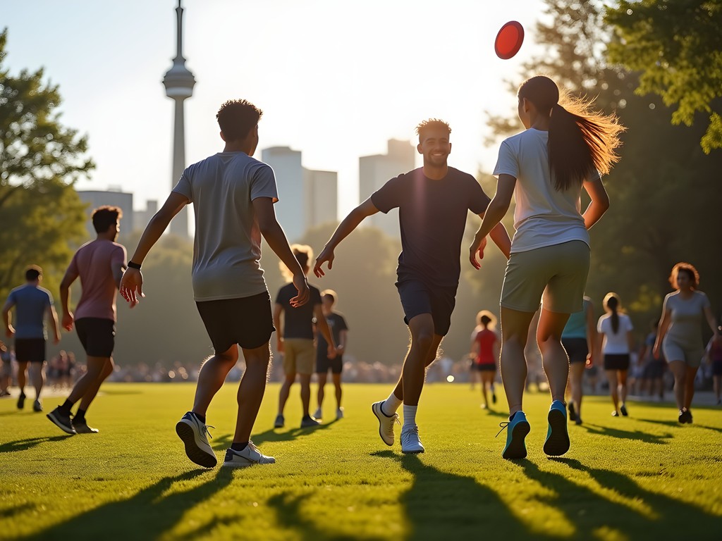 Group of diverse young professionals playing ultimate frisbee in Trinity Bellwoods Park with Toronto skyline in background