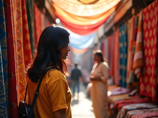 Colorful textile market in Udaipur old city with block printed fabrics and traditional Rajasthani crafts