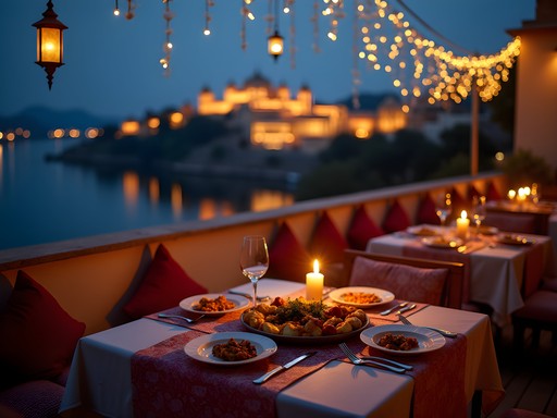 Rooftop restaurant dining with illuminated City Palace view at night in Udaipur