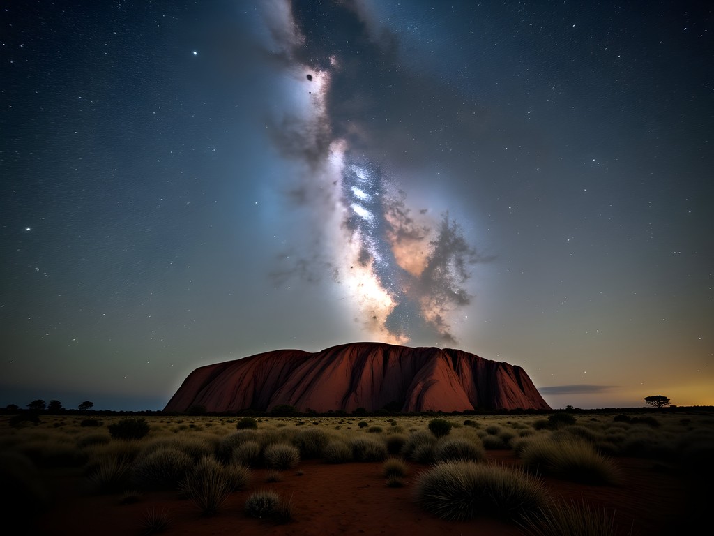 Milky Way galaxy arching over Uluru at night