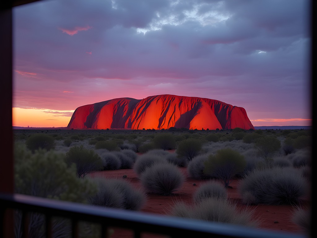 Sunset view of Uluru from Desert Gardens Hotel balcony