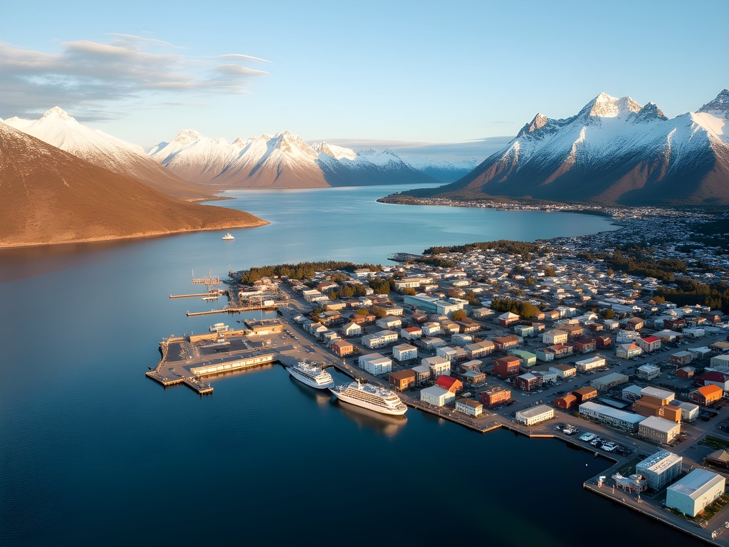 Aerial view of Ushuaia nestled between snow-capped mountains and Beagle Channel