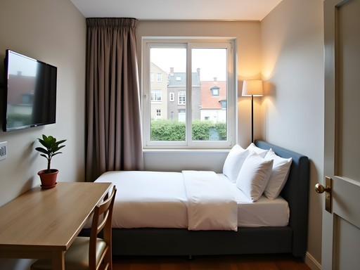 Cozy single room in Utrecht boutique guesthouse with canal view through window