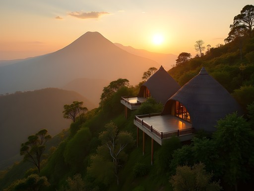 Luxury eco-lodge nestled in Rwandan volcanic landscape at sunset